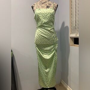 Zara Light Green Satin Midi Dress with Blue Floral